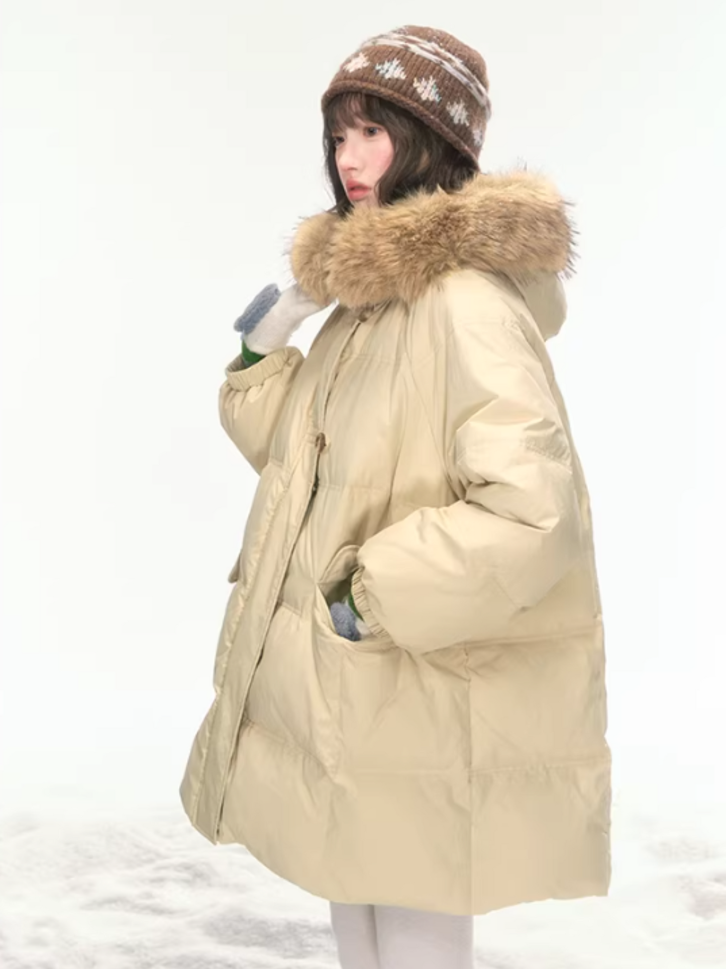 "First Snowfall" Khaki Mid-Length Down Jacket LL2025473