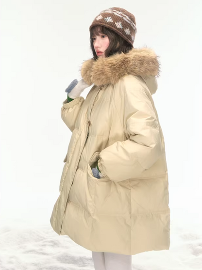 "First Snowfall" Khaki Mid-Length Down Jacket LL2025473