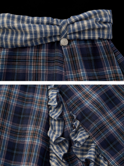Asymmetrical Plaid Maxi Skirt with Ruffle Hem WE814 (Blue)
