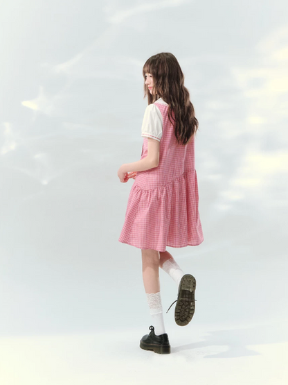 “Peach Plaid Academy” Pink Plaid Peter Pan Dress LL2026152