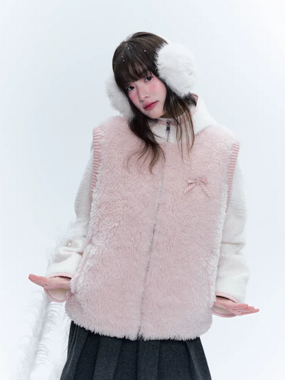CREAMO2奶油氧气 - Pink & White Faux-Layered Teddy Padded Jacket