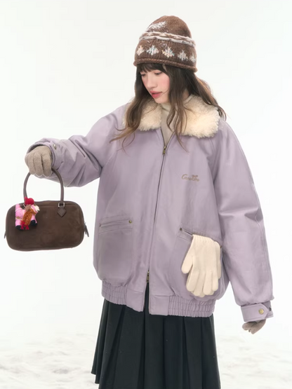 "Misty Lilac" Contrast Fur Collar Utility Down Jacket LL2025457