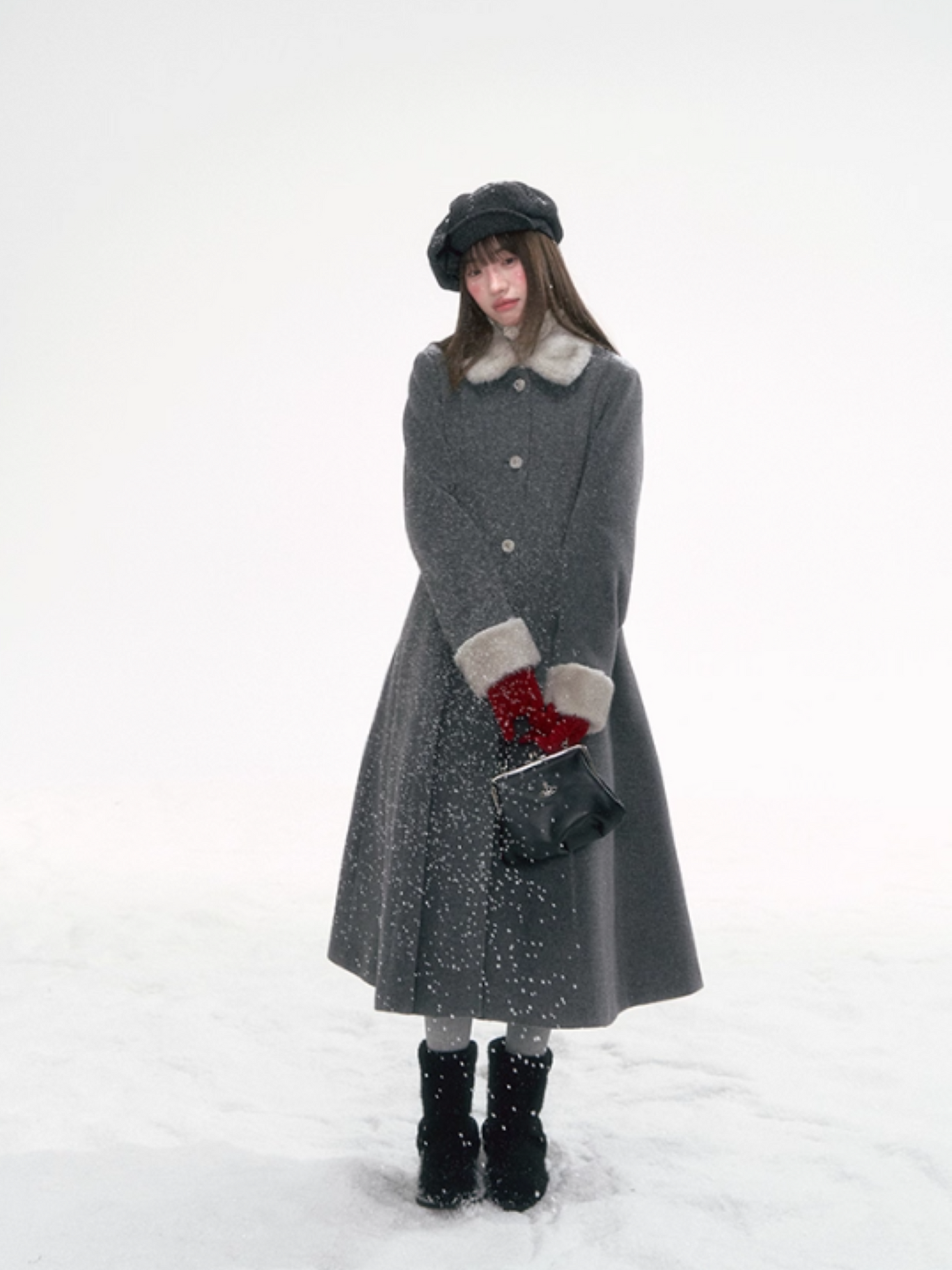 “Moscow Haze" Rose-Button Wool Coat – Cinched Waist Elegance