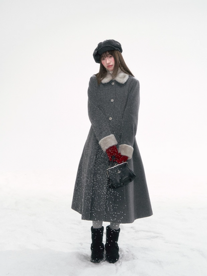 “Moscow Haze" Rose-Button Wool Coat – Cinched Waist Elegance