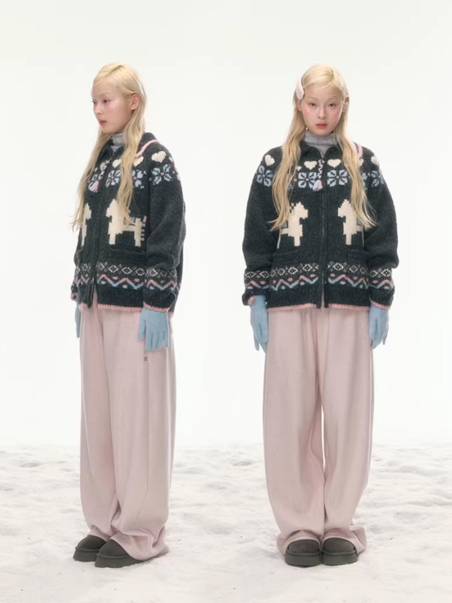 "Nordic Fairytale" Charcoal Pony Zip-Up Knit Cardigan WW2025449