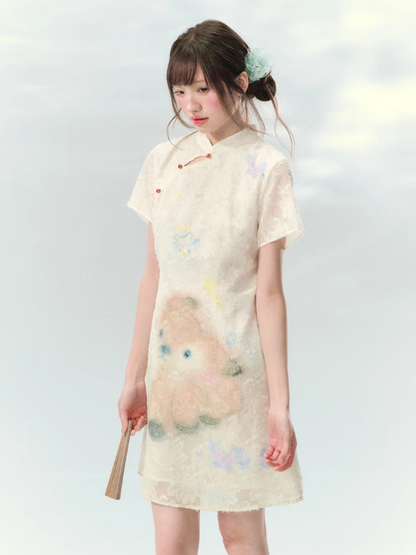 “Velvet Deer Whisper” Ivory Deer Print Cheongsam Dress LL2026174