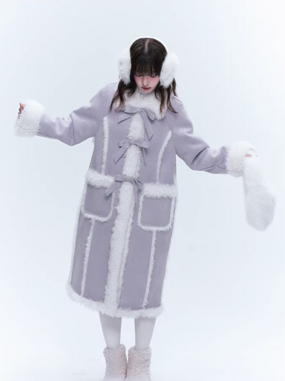 CREAMO2奶油氧气 - Taro Gray-Purple Bow-Tie Faux Suede & Teddy Midi Coat
