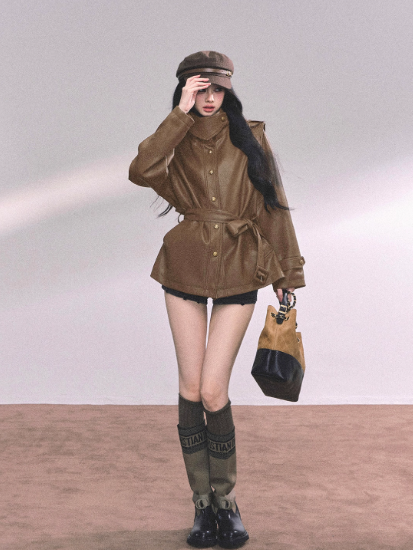 "英区时差" American Cool Girl PU Leather Jacket – Black/ Coffee