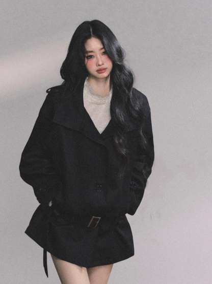 少也眼 Sydney Holiday French Hepburn Style Trench Coat (Black)