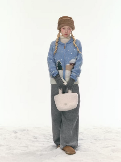 "Hand-Stitched Snow Fairytale" Blue Zip-Up Knit Cardigan LL2025448