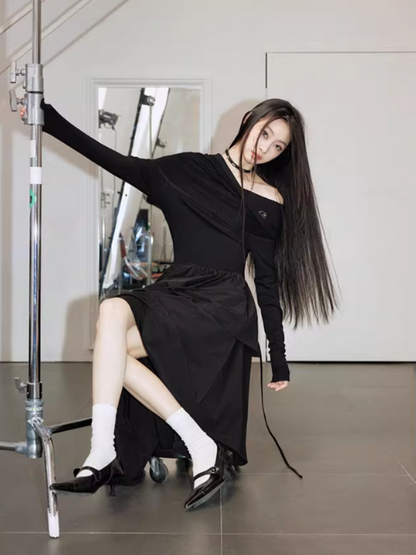 PCH - Hepburn Style Off-Shoulder Long Dress (Black)