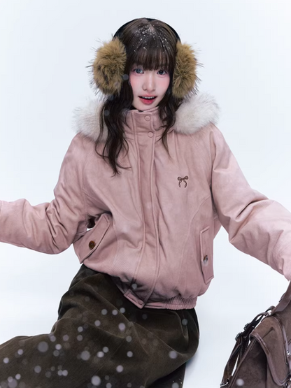 CREAMO2奶油氧气 - Misty Pink Sweet-Cool Detachable Fur-Trim Hooded Puffer Jacket