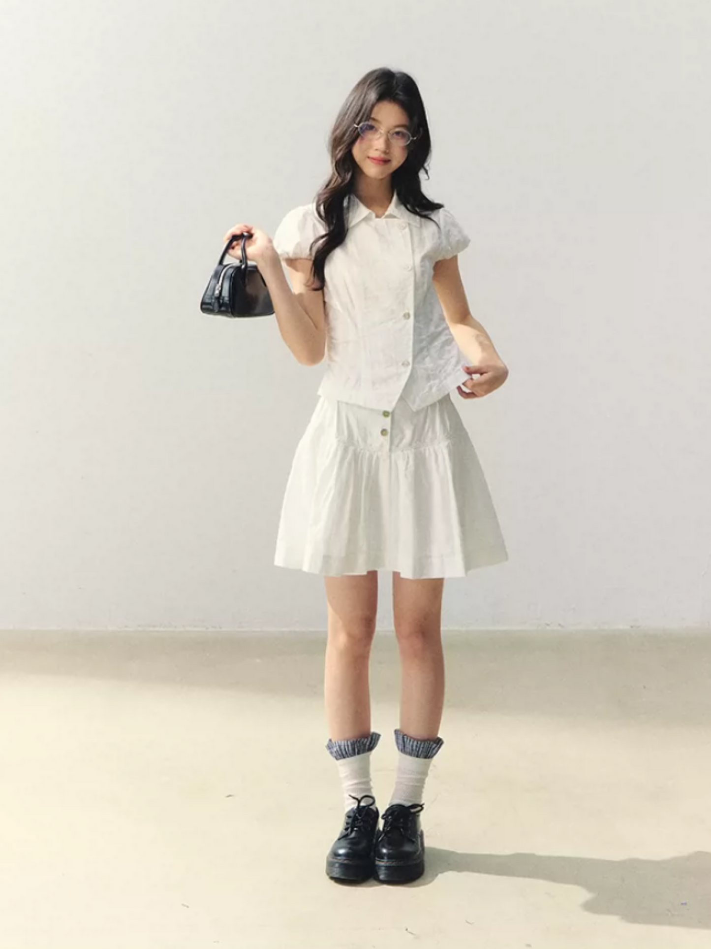 "Summer White Notes" Textured Shirt & Mini Skirt Set LL2026015