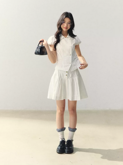 "Summer White Notes" Textured Shirt & Mini Skirt Set LL2026015