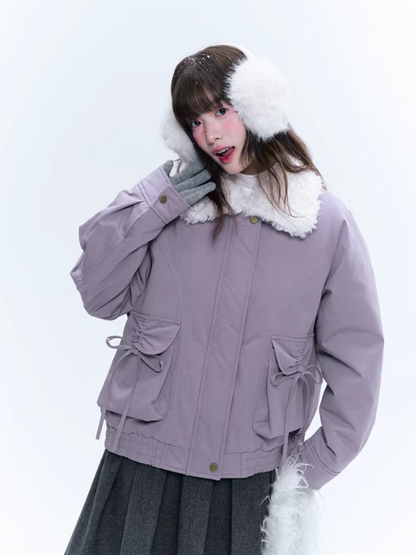 CREAMO2奶油氧气 - Taro Gray-Purple Detachable Shearling-Collar Retro Padded Jacket