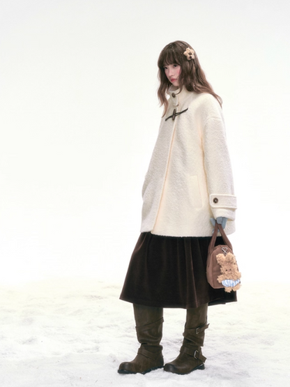 "Warm Latte Glow" Wool Duffle Coat — Belted Bouclé Design SJ2025302