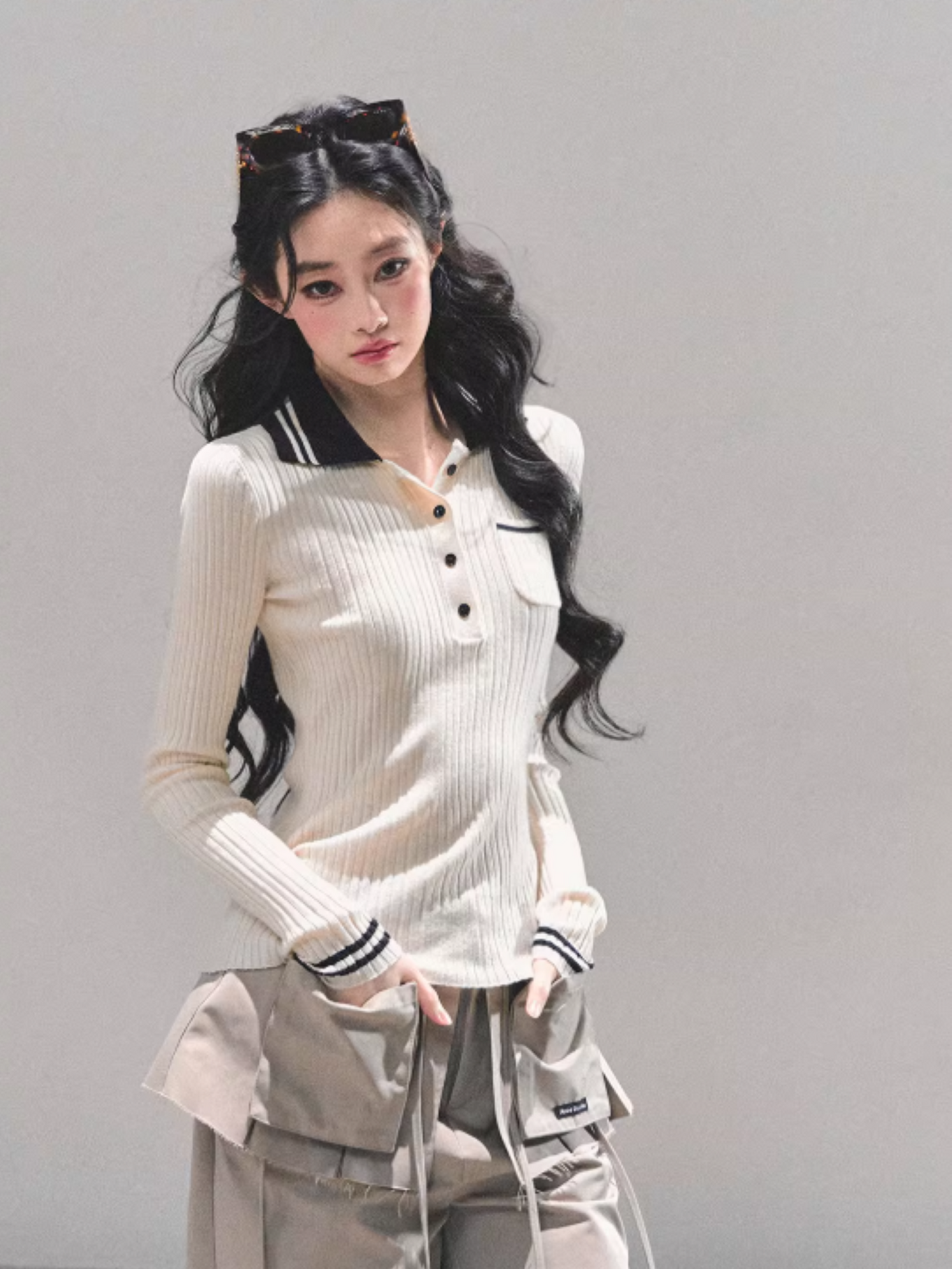 "温蒂的信" Classic Polo Collar Knit Top - White