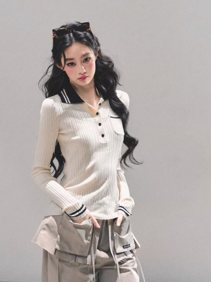 "温蒂的信" Classic Polo Collar Knit Top - White