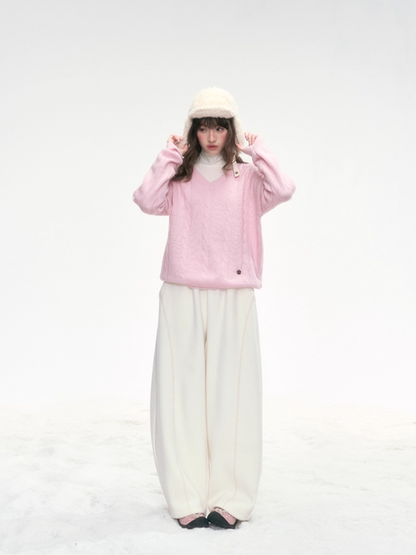 "Winter Bloom" Embroidered Knit Lounge Pants – White & Pink LL2025334