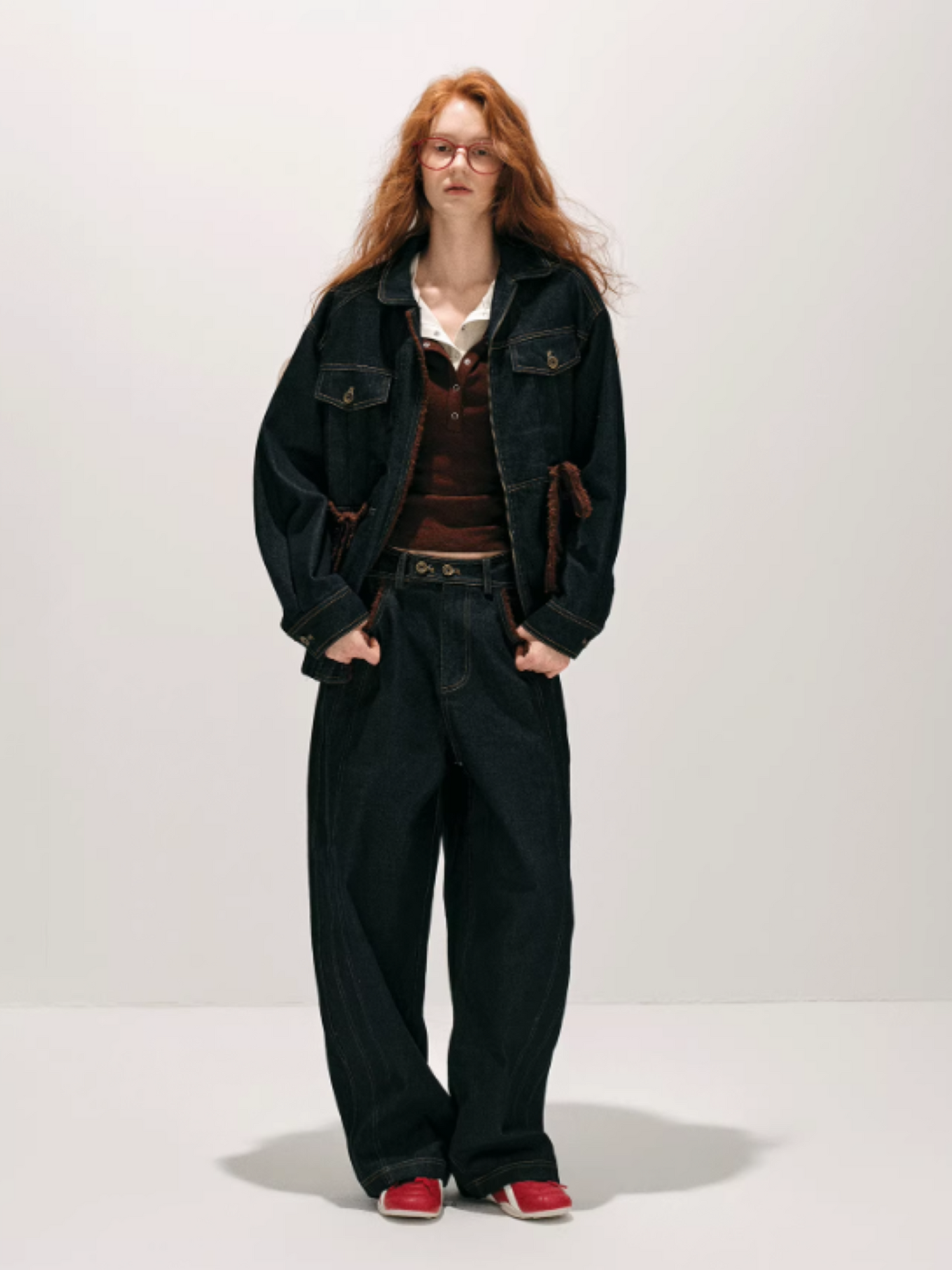 "荒野造势" Western-Inspired Suede-Panel Denim Jacket & Pants Set