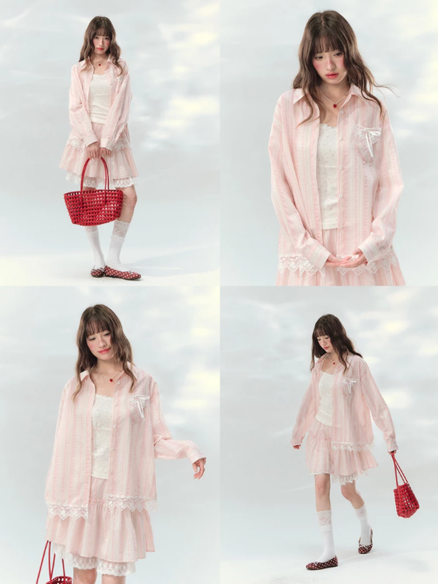 “Pink Mist Love Letter” Pink Stripe Lace Skirt Set LL2026161