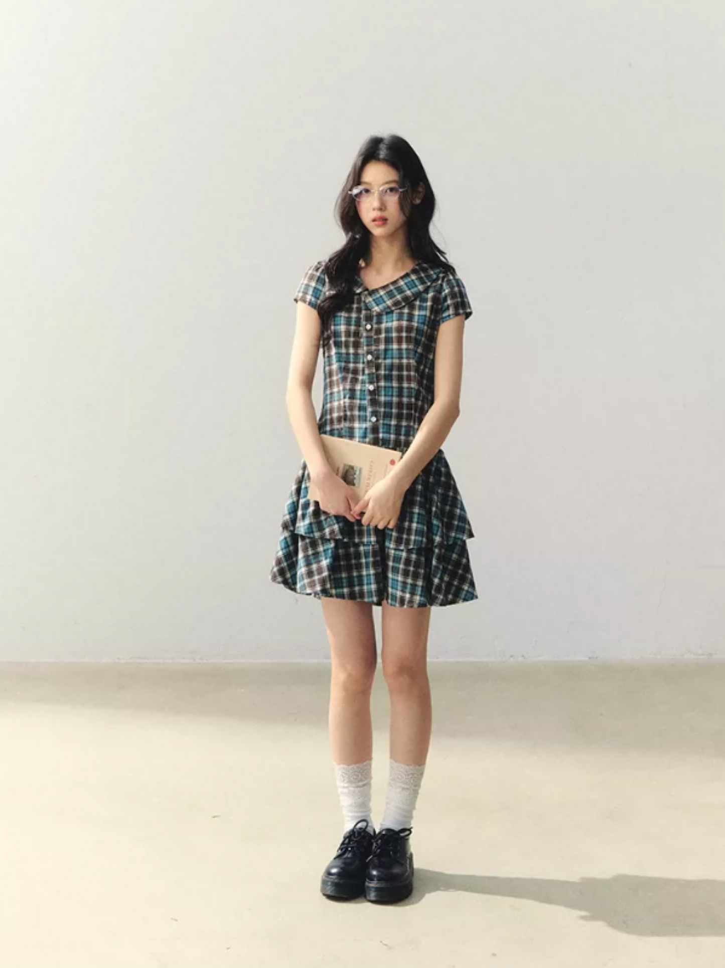 "Pine Chestnut Mint" Asymmetric Collar Plaid Dress LL2026034