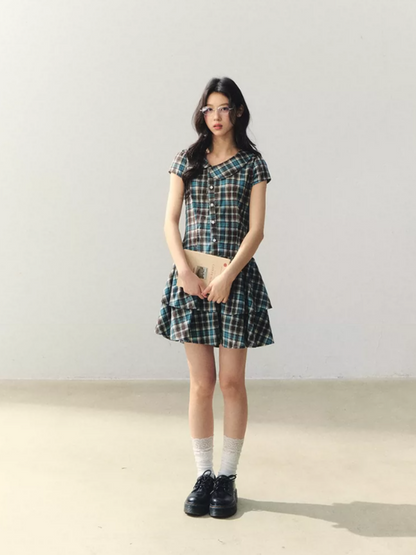 "Pine Chestnut Mint" Asymmetric Collar Plaid Dress LL2026034