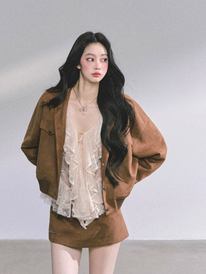 少也眼 London Café French Hepburn Woolen Three-Piece Set – Jacket, Top & Mini Skirt