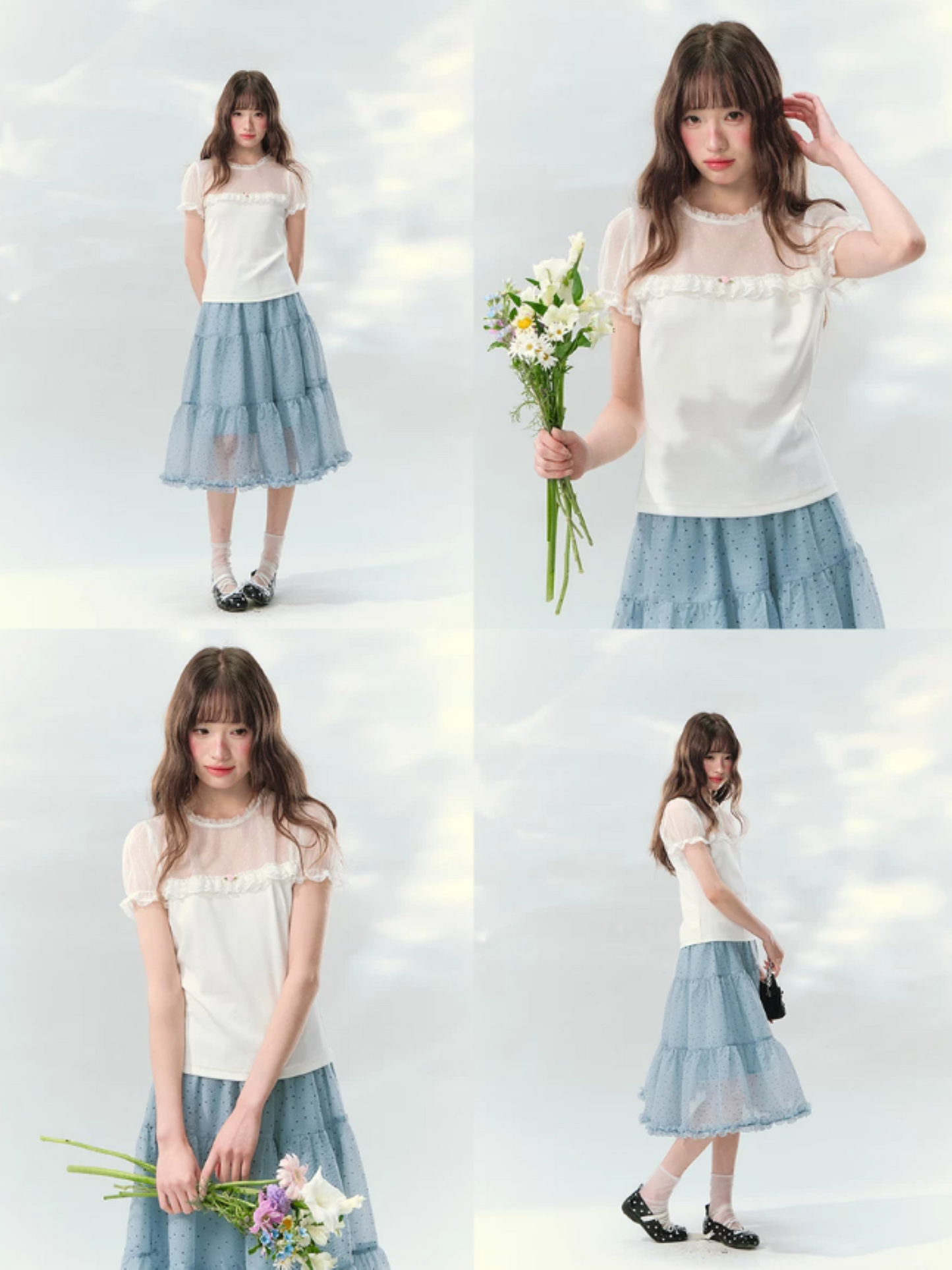 “Soft Candy Stardust” Lace Mesh Puff Sleeve Tee  LL2026149