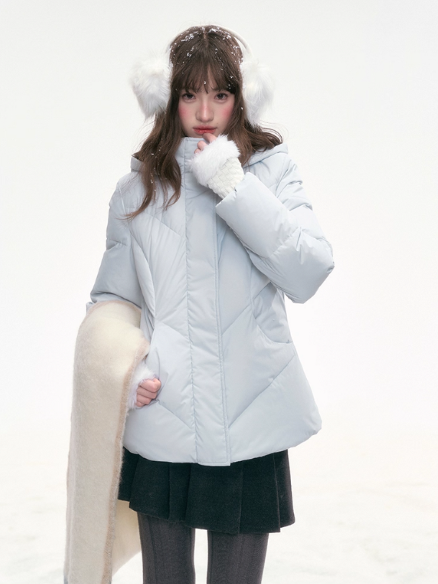 “Snowday Serenade” Powder Blue Waist-Defining Down Jacket LL2025298
