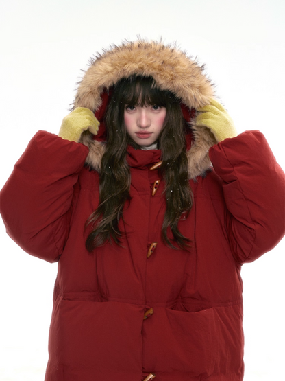 “Redwood Reverie” Festive Red Duffle-Hood Down Jacket LL2025317