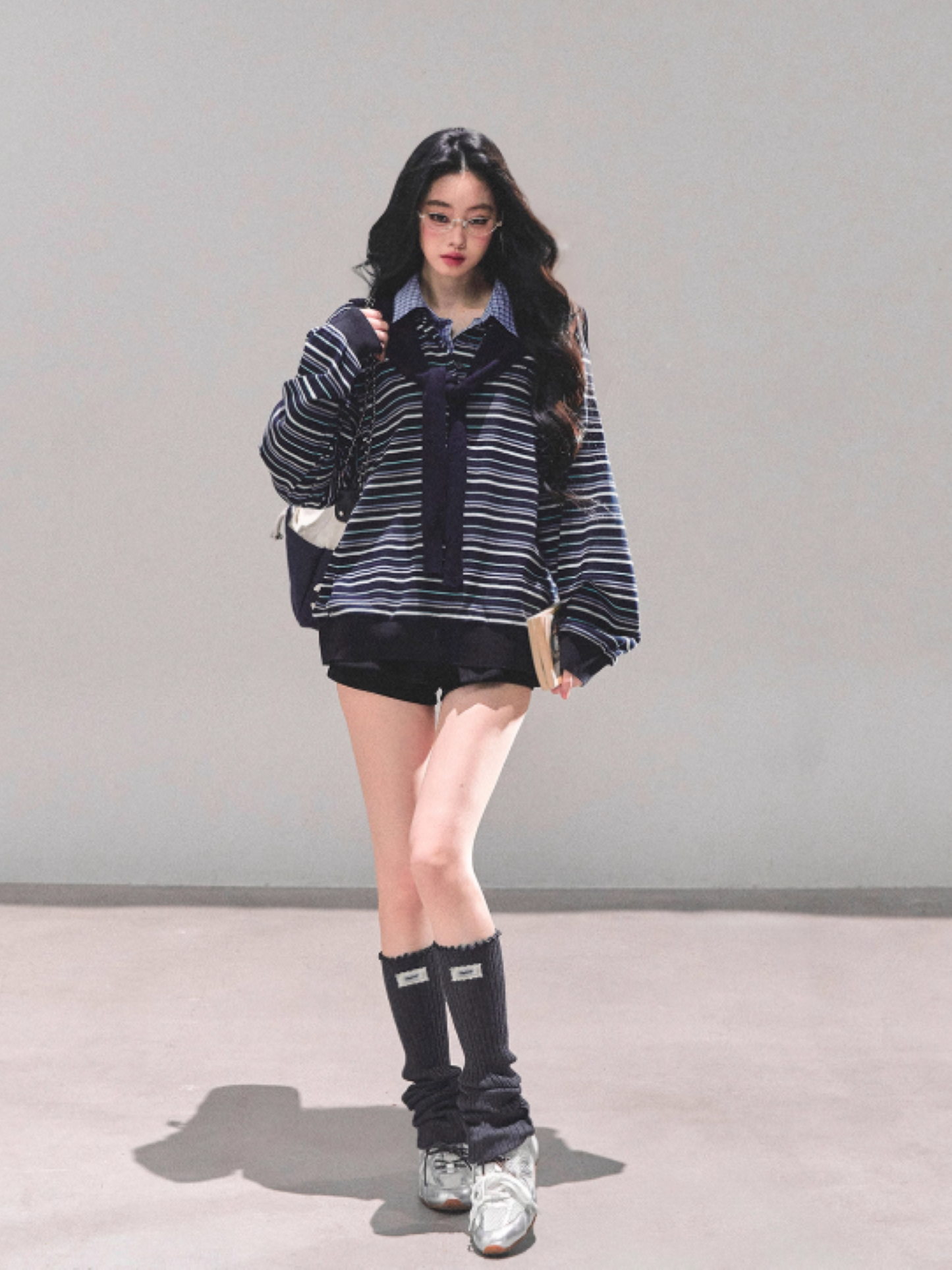 少也眼 "Unfinished Poem" Striped Polo Long Sleeve - Navy Striped