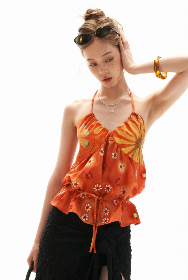 Sunset Bloom Halter Drawstring Top
