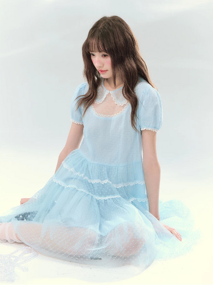 “Ice Blue Polka Dream” Blue Polka Dot Tiered Mini Dress