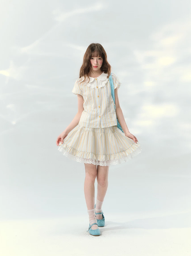 “Spring Lemon Breeze” Milk Blue Striped Shirt & Tiered Mini Skirt Set