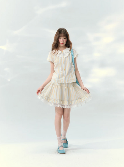 “Spring Lemon Breeze” Milk Blue Striped Shirt & Tiered Mini Skirt Set
