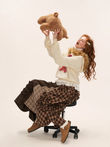 MAMC - Brown Patchwork Plaid Layered Midi Skirt WE738