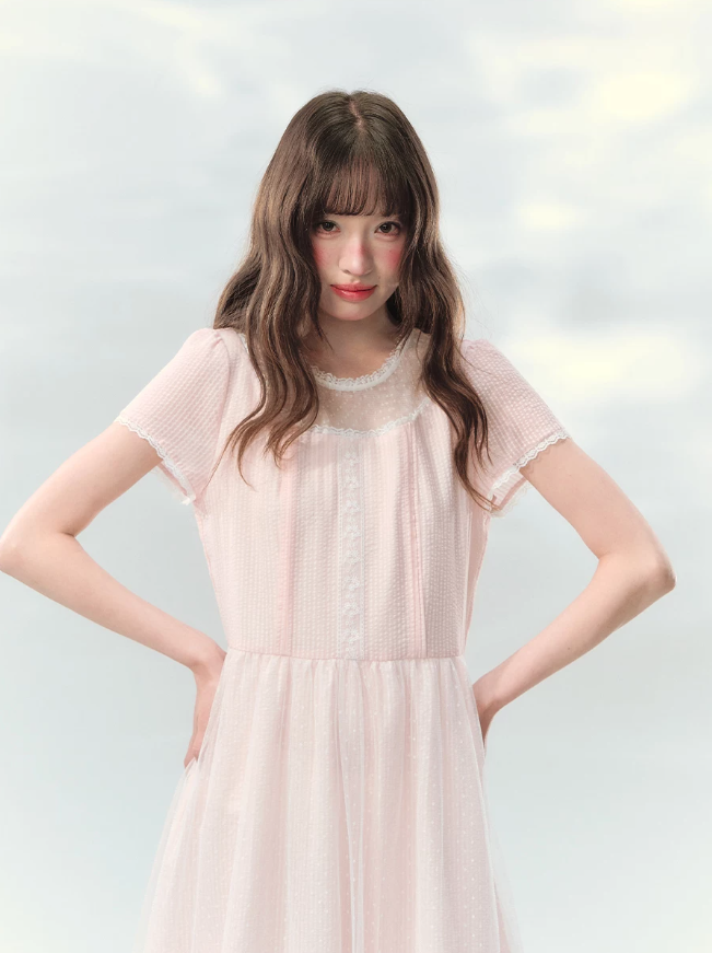 “Peach Bubble Romance” Pink Polka Dot Lace Midi Dress