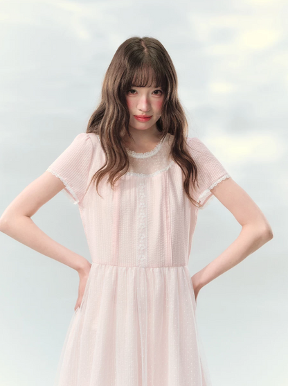 “Peach Bubble Romance” Pink Polka Dot Lace Midi Dress