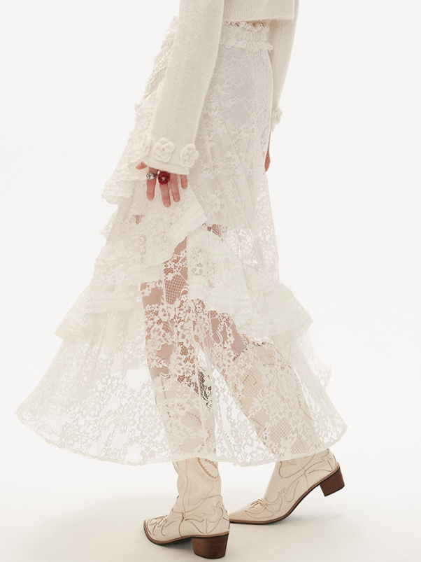 MAMC - White Layered Lace Tulle Midi Skirt WE476