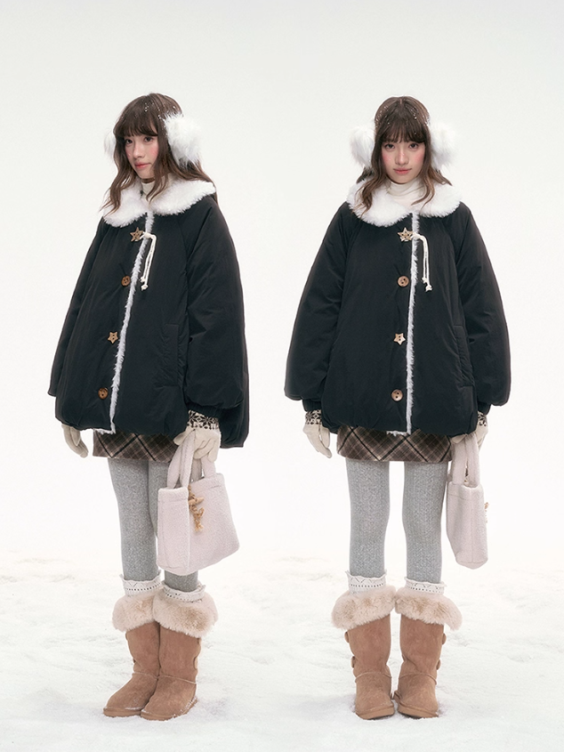 '绒间星轨' Puffer Jacket with Faux Fur Collar – Black LL2025264