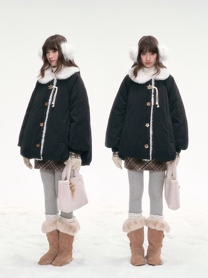 '绒间星轨' Puffer Jacket with Faux Fur Collar – Black LL2025264