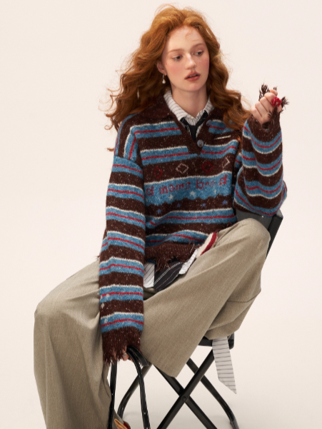 MAMC - Star Stripe Polo Knit Sweater WE768 - BLUE