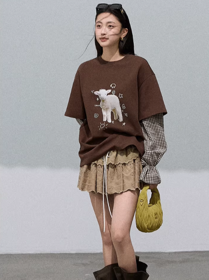 OAKMOO - "Pastoral Lamb Mood" Layered Gingham Sweatshirt – Cocoa Brown 25Q457