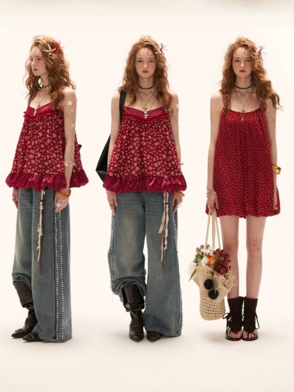 "Retro Rouge Mood" Floral Cami Top & Mini Dress Set WE975