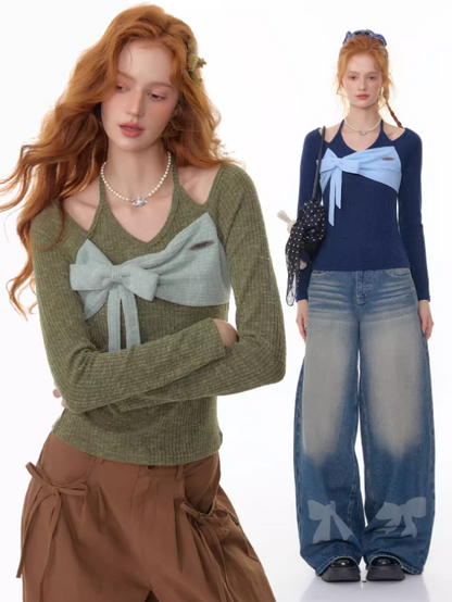 ZiziFei - Halter Ribbed Knit Top with Bow Detail – Green / Blue