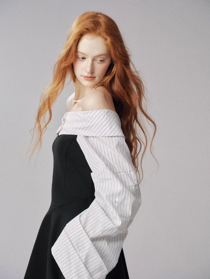 Off-Shoulder Knit Dress with Lantern Sleeves (Black & White)