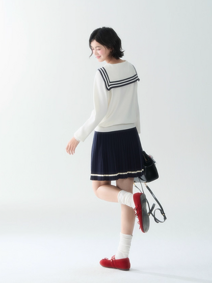 罐头士多所 - Cream Knit Sailor Collar Sweater & Pleated Skirt Set – Preppy Soft Girl Outfit