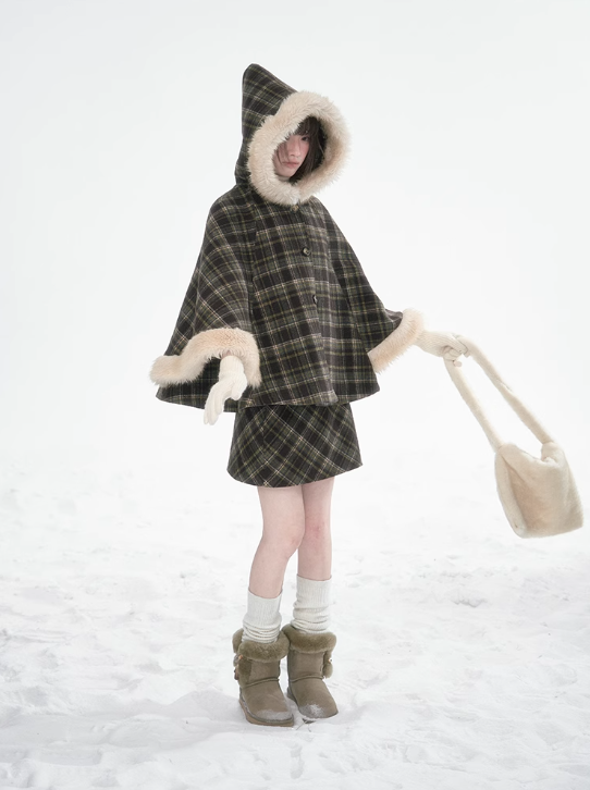 達淵如 - Plaid Cape With Fur Set