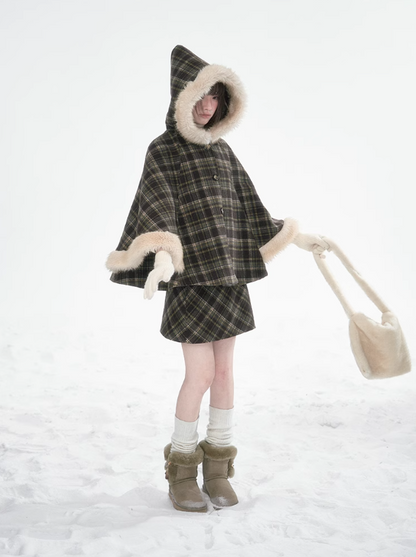 達淵如 - Plaid Cape With Fur Set